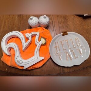 Hello‎ Fall Pumpkin Plate, salt & pepper shakers and Squirrel Decor Set NWT